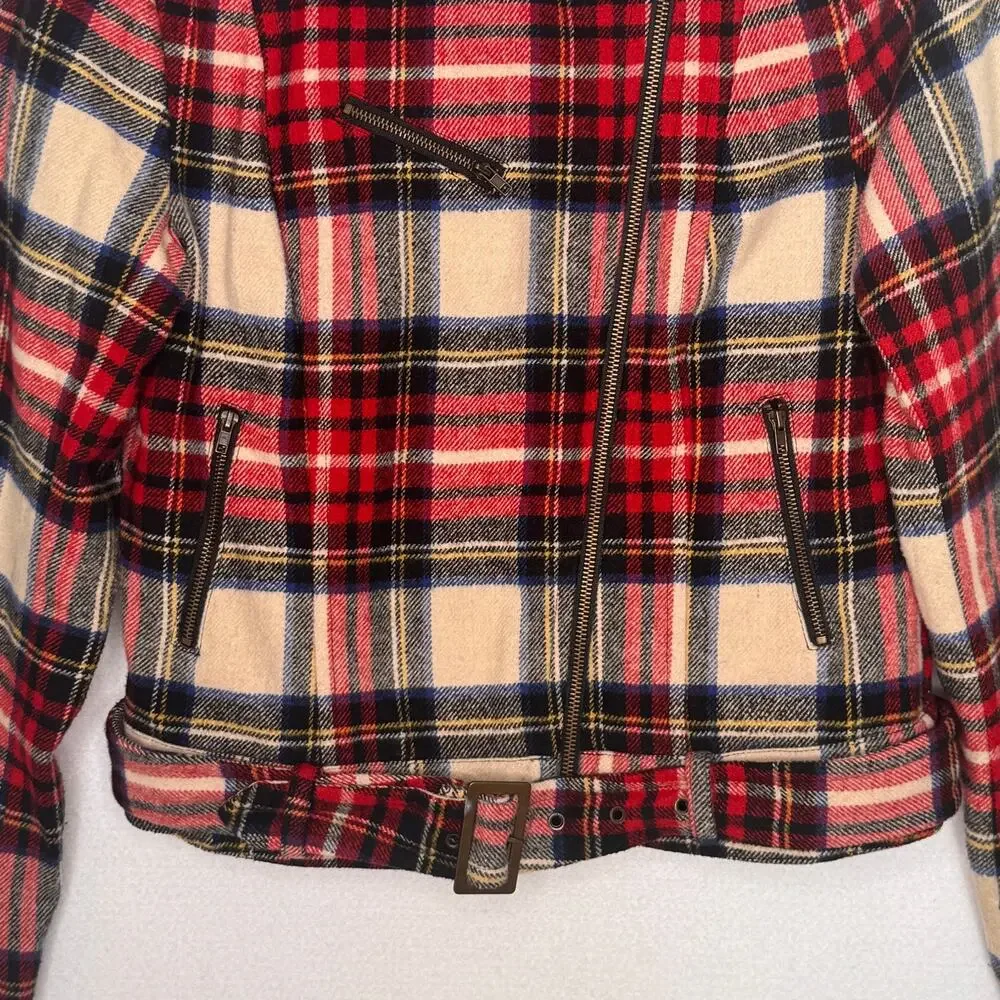 Heritage 1981 Wool Blend Plaid Moto Biker Jacket Belted Red Tartan Preppy Small